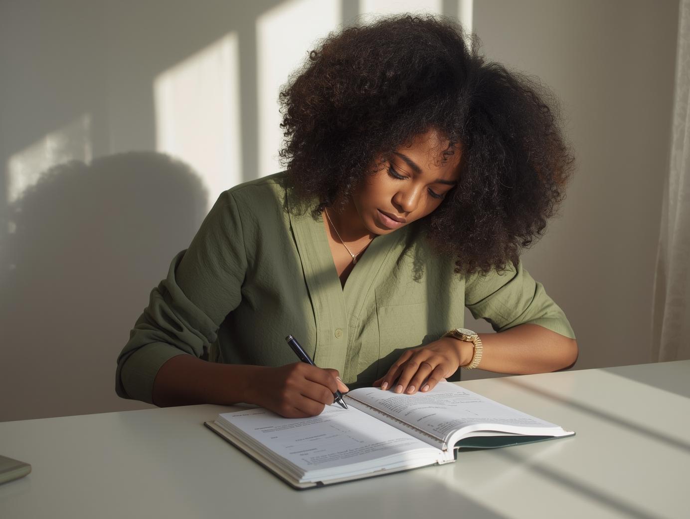 black Woman writing next step in planner for sustainable success